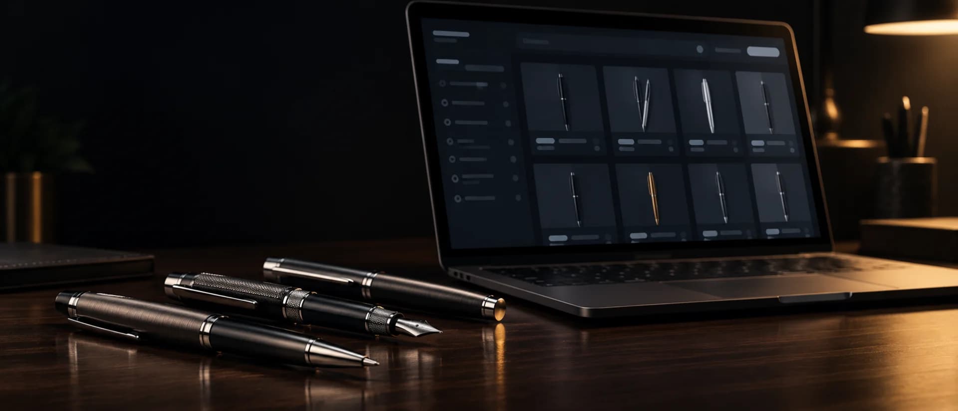 The Waliv product range page open on a laptop beside a set of their metal pens.